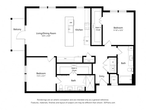Floor plan for 2 beds, 2 baths, 1334 sqft
